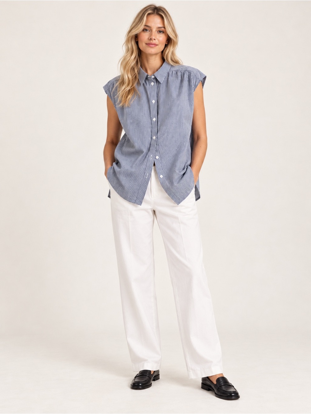 Banana Republic Blue Pinstripe Sleeveless Button-Down